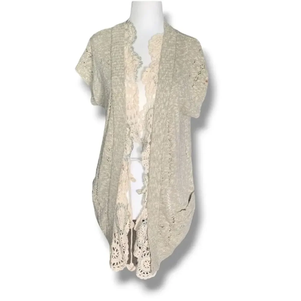 Upcycled Linen Blend Crochet Trim Knit Cardigan Vest Boho‎ Cottagecore Romantic